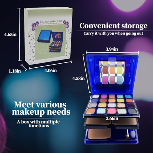 Eyeshadow Lipstick Blusher Makeup Box 20 Color Eyeshadow Palette 5 Lipstick 5 Blusher Set Full Face Makeup Kit with Cosmetic Mirror,Blush, Highlighter, Brushes & Sponge Personal Makeup Set