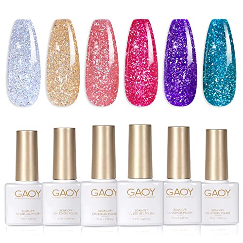 GAOY Disco Glitter Gel Nail Polish Set, 6 Sparkle Rainbow Colors Gel Kit for Nail Art DIY Manicure and Pedicure at Home