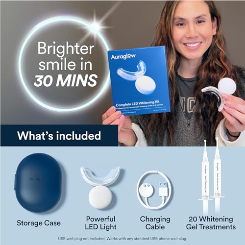 Auraglow Teeth Whitening Kit, LED Accelerator Light, 35% Carbamide Peroxide Teeth Whitening Gel, 20+ Whitening Treatments, Whitens up to 10 Shades in 7 Days