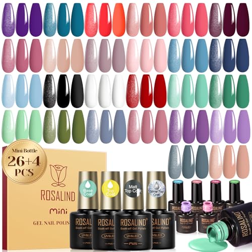 ROSALIND 30PCS Gel Nail Polish Set, 26 Classic Colors Gel Polish kit with Base Coat Glossy Matte and Glitter Top Coat Gel Nails Set All Seasons Collection Gift for Women
