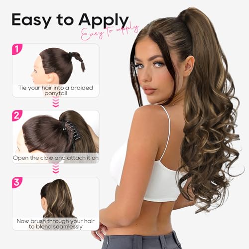 REECHO Ponytail Extension, 24" Claw Clip in Ponytail Extensions Long Curly Wavy Ponytail Hair Extension Jaw Clip on Pony Tails Hairpiece for Women - Medium Blonde with Blonde Highlights
