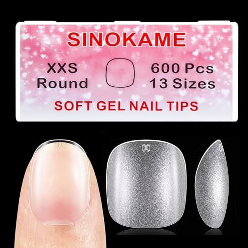 Extra Extra Short Round Gel Nail Tips, SINOKAME Extra Short Press on Fake Nails Clear Round, Full Matte No File Small Petite Child Size Nails for Nail Extension,600 Pcs 13 Sizes with Refills 4&5