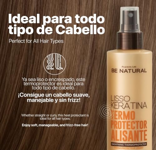 Be Natural Lisso Keratina Heat Protectant Spray for Hair Smoothing, Sulfate-Free, 8.45 fl oz. Termoprotector alisante