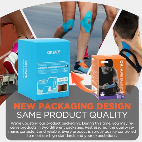 OK TAPE Basic Original Cotton Kinesiology Tape (2 Pack), Elastic Water Resistant Therapeutic Athletic Tape, Latex Free, Pain Relief, Injury Recovery, Uncut K Tape 2in×16.4ft - Beige