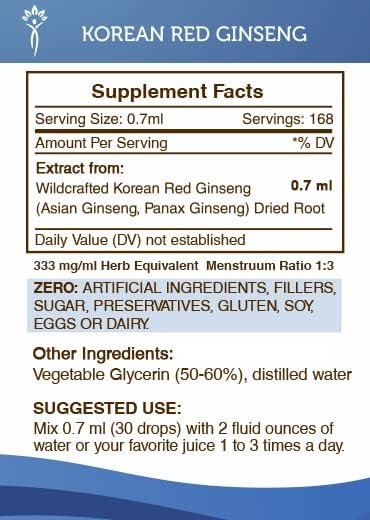 Korean Red Ginseng Tincture Alcohol-Free Liquid Extract, Wildcrafted Korean Red Ginseng (Asian Ginseng, Panax Ginseng) Dried Root 4 FL OZ