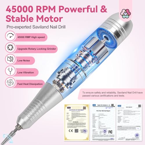 SAVILAND Electric Nail Drill Professional : 45000 RPM Pro Electric Nail File for Acrylic Nails Gel Polishing Removing, Portable Nail Drill for Manicure Pedicure, Nail Kit for Salon Nail Tech Must Have
