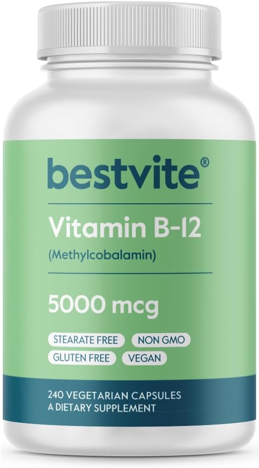 BESTVITE Vitamin B12 (Methylcobalamin) 5000mcg (240 Vegetarian Capsules) (Methyl B12) - No Stearates - Vegan - Non GMO - Gluten Free