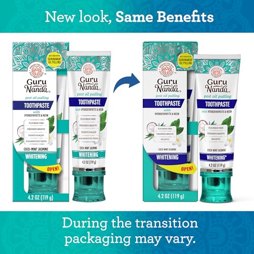 GuruNanda Hydroxyapatite Toothpaste, SLS & Fluoride Free, Whitening Toothpaste - Freshens Breath, Fights Plaque - Natural CocoMint Jasmine Neem, 4.2oz