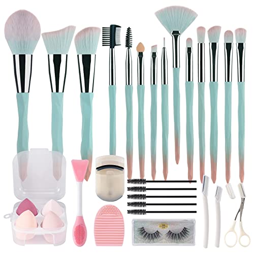 30Pcs Pink blue gradient makeup brush with makeup sponges makeup tools set makeup brush set natural synthetic eye shadow foundation make-up facial mixed powder blusher concealer eye makeup brush set