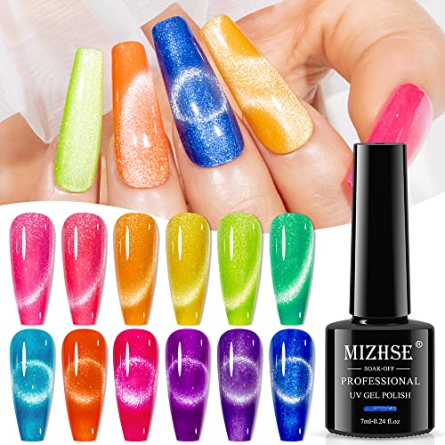 MIZHSE Neon Cat Eye Gel Nail Polish Set 12Pcs, Cateye Blue Green Purple Soak Off Gel Polish Magnetic Manicure Kit for Nail Art Salon 7ml
