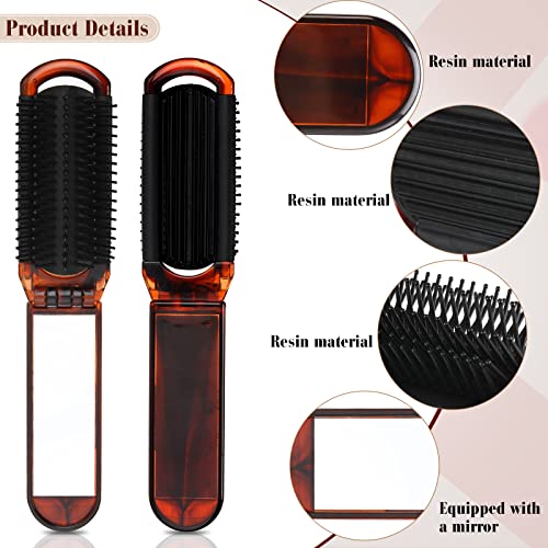 Nuenen 4 Pcs Folding Hair Brush with Mirror Portable Mini Hair Brush Small Compact Pocket Comb for Family Travel Car Gym Wig Bag Purse Gift Women(Tortoiseshell)