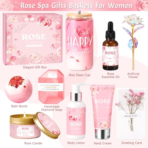 Birthday Gifts for Women, Rose Relaxing Spa Gift Basket for Women Friendship, Self Care Package Get Well Soon Thank You Gift Box, Mothers Day Gifts for Mom Her Sister Wife Best Friends Coworker Bestie