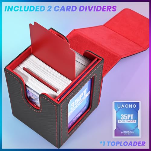 UAONO Card Deck Box with MTG Commander Display, Patented Design Card Deck Case Holds 100+ Double-Sleeved Cards, PU Leather Cards Storage Box for TCG with 2 Dividers, 1 Toploader (Grey&Red)