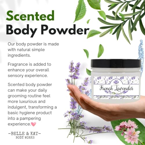 Body Powder for Women & Men Scented French Lavender, Perfume Dusting Powder, Bath Powder with Fragrance & Essential Oils, Talc Free 8oz Container, Made in USA