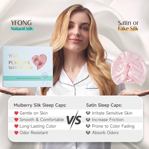 YFONG Double Layered 100% Mulberry Silk Bonnet for Sleeping Women, Large 22MM Luxury Silk Sleep Cap with Elastic Band & Tie, Natural Night Hair Wrap for Hair Care Short Long Curly Hair, Pink