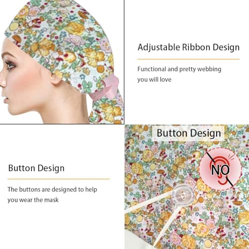 6Pcs Satin Lined Scrub Caps Women Ponytail, Adjustable Surgical Caps for Women, Scrub Hats, Nurse Cap, Nurse Surgical Hat with Button and Sweatband, Elastic Ponytail Pouch Tie Back