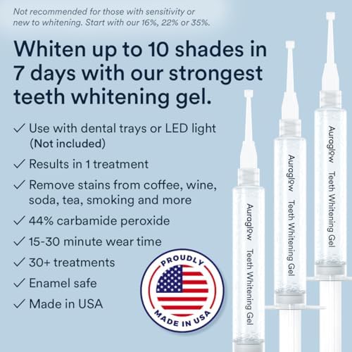 Auraglow 44% Teeth Whitening Gel Syringe Refill Pack, 44% Carbamide Peroxide, (3X) 5ml Syringes, 30 Whitening Treatments