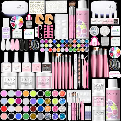 SAVILAND Acrylic Nail Kit with Everything: Nails Kit Acrylic Set For Beginners with Gel Polish U V Lamp Nail Decoration Starter Professional Nail Supplies DIY Home Salon