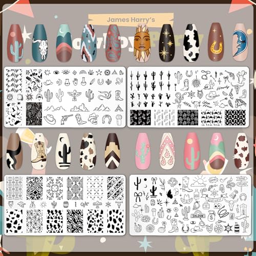 4Pcs Western Nail Plates Stamping Set Cowboy Cowgirl Stamp Templates Nail Art Plates for DIY Print Manicure Salon Design
