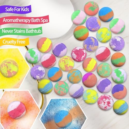 Bath Bombs for Kids with Surprise Inside, 32 Pack Bath Bombs with Land & Sea Animal Toys, Handmade Fizzy Bubble Children Bath Ball Gift Set for Kids Birthday, Christmas, Mothers Day Gifts for Daughter