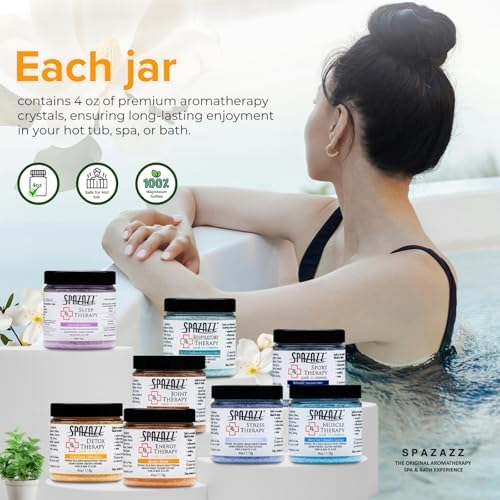 Spazazz RX Therapy Hot Tub Spa and Bath Aromatherapy Salt Crystals 4oz 8 Pack Sample Bundle Includes Muscle - Joint - Detox - Stress - Respiratory - Sport -Sleep - Energy. Great for Muscles & Joints