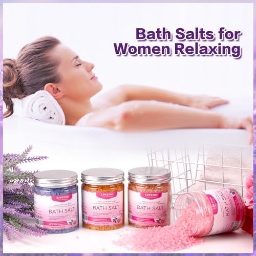 4 Pack Kit Bath Salts for Soaking Himalayan Pink Salt Lavender Orange Rose Pink Scent Epsom Salt Bubble Bath for Women Christmas Gift with Dead Sea Salt Moisturizing Skin