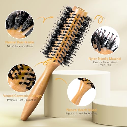 BFWood Round Brush for Blow Out, 1.2 Inch Natural Wooden Boar Bristle Hair Brush for Blow Drying, Curling, Styling & Volume