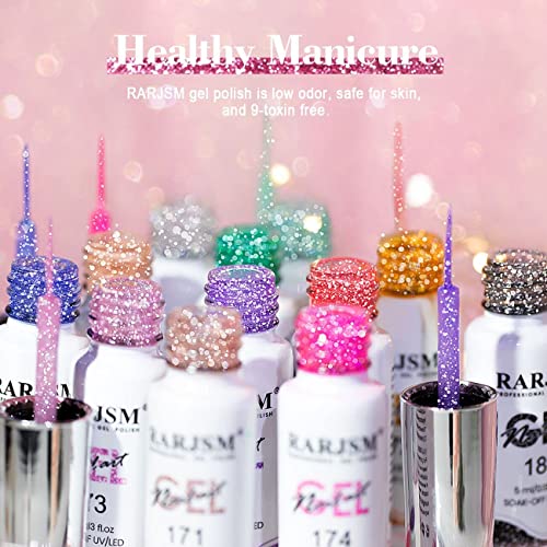 RARJSM Reflective Glitter Nail Art Gel Liner Flash Diamond Painted Gel Nail Polish 12 Colors 5ml Sparkle Silver Brown Hot Pink Green Black Pigment UV LED Soak off Curing Requires for Nail Design