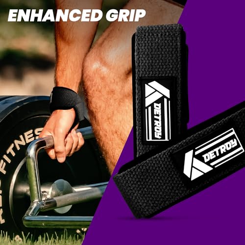 Detroy® Lifting Wrist Straps for Weightlifting, Deadlifts, Bodybuilding, Powerlifting, Gym Strength Training Workouts - Padded Neoprene with 24 inch Webbing Cotton with Silicone Grip for Men & Women (Black)