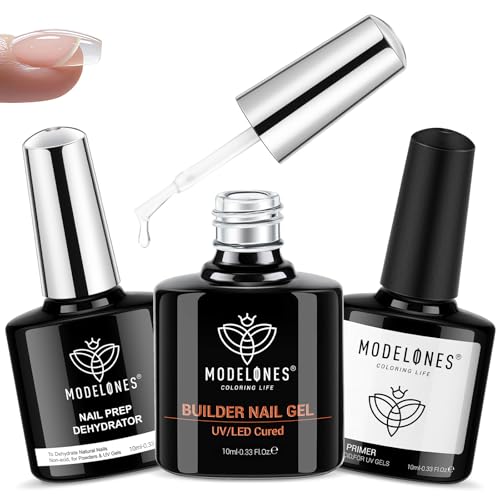 modelones Nail Dehydrator and Primer & Builder Nail Gel, 3Pcs Prep Dehydrate & Bond Primer Clear Gel Builder Polish Base Coat for Strengthener Apex Building, LED Lamp Cured 10ml Home DIY Salon