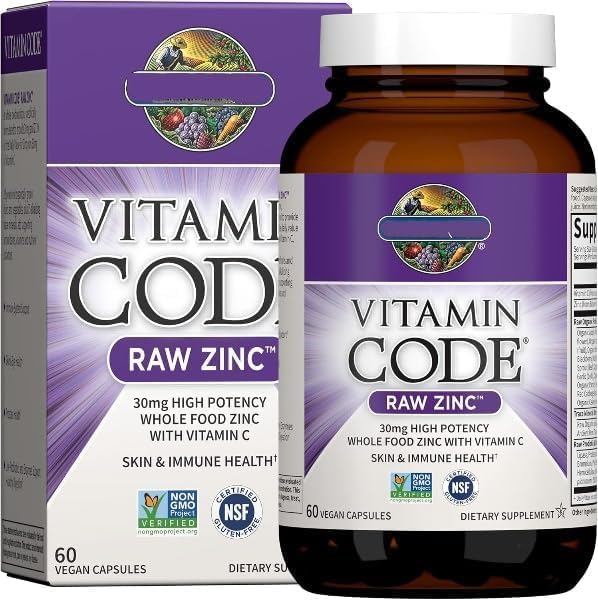Gardens Life Zinc Supplement 30mg High Potency Raw Zinc and Vitamin C Multimineral Supplement, Vitamin Codes Vitamins Trace Minerals & Probiotics for Skin Health & Immune Support, 60 Vegan Capsules