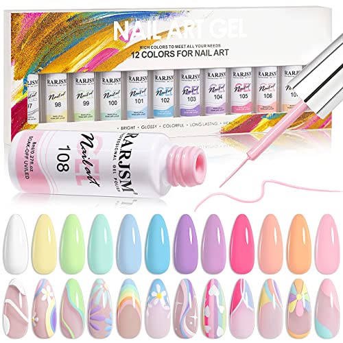 RARJSM Nail Art Gel Liner Painting Polish Set,12 Pastel Colors Spring Summer Collection,Painted Gel Nail Polish Set Build in Thin Brush Soak Off Curing Requires Salon DIY Nail Design Line Art 8ML