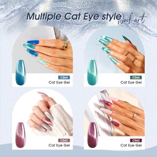 ROSALIND Cat Eye Gel Nail Polish Set with Magnet, 12 PCS Holographic Glitter Purple Blue Red Gel Polish Magnetic and Swirl Shell Thread Effect Sparkle Gel Polish Gifts for Women