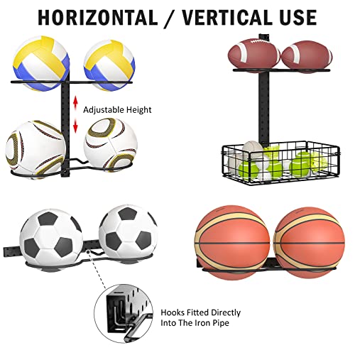 8 Tier Detachable Wall Mounted Basketball Rack, Vertical/Horizontal Football Holder, DIY1/2/3/4 Soccer Stand, Height-Adjustable Multifunctional Ball Rack With Basket For Garage, Tool Room,Bedroom