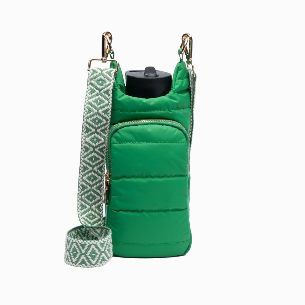 WanderFull Original Crossbody HydroBag | Quilted Water Bottle Carrier | Puffer Tote Tumbler Holder with Pockets for Purse, Phone & Accessories | Carry Travel Essentials (Green/Patterned Strap)
