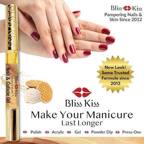 Bliss Kiss | 4 Vanilla Fragrance Nail Oil Cuticle Pens w/Vitamin E & Jojoba⏤Nail Strengthener Nail Growth Serum for Brittle Peeling Breaking Thin Nails