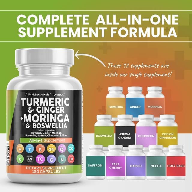 Turmeric Moringa Supplement | Ginger Boswellia Saffron - Supplement for Women and Men with Ceylon Cinnamon, Tart Cherry, Quercetin Garlic Nettle Holy Basil - 2Pack
