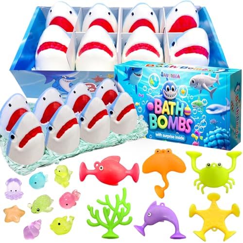Shark Bath Bombs for Kids, 8 Surprise Bath Bombs with Sea Aninmals Inside & 4 Suction Cup Toys Outside, Natural Handmade Bubble Bath Ball Gift for Boys Girls Birthday Christmas