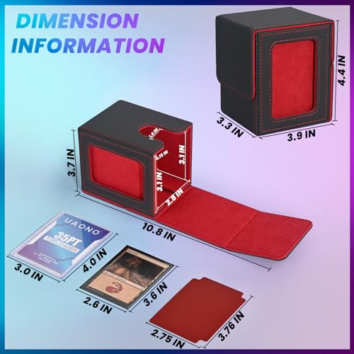 UAONO Card Deck Box with MTG Commander Display, Patented Design Card Deck Case Holds 100+ Double-Sleeved Cards, PU Leather Cards Storage Box for TCG with 2 Dividers, 1 Toploader (Grey&Red)