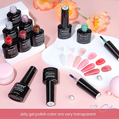 MIZHSE Jelly Gel Nail Polish Set 12 Color, Clear Translucent Spring Gel Polish 7ml, Sheer Manicure Kit UV LED Soak Off Varnish for Home Salon Gift