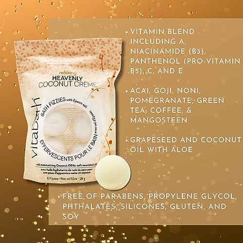 Vitabath Heavenly Coconut Crème Bath Fizzies with Epsom Salt Relax Nourish Unwind Body & Mind Calming Aromatherapy for Muscle Soreness & Reviving Skin Nourishment - 6 Count