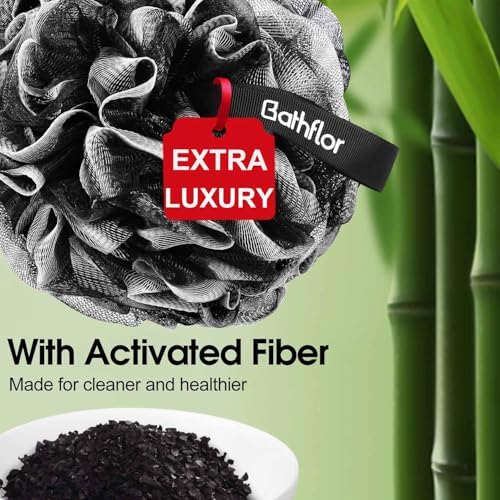 Loofah Sponge Exfoliating Body Scrubber: 4PCS Extra Large 80g Shower Loofahs Poufs, 1PCS Long Handle Loofa Back Scrubber, 1PCS Luffa Hook, Charcoal Loofah Pack for Women Men Bath Wash, Black
