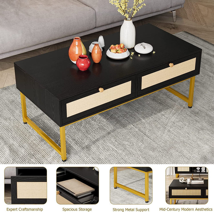 Rattan Coffee Table with 2 Drawer 45.6'' Wood Coffee Table with Storage Boho Dining Table with Rattan Drawer Accent Center Sofa Table with Storage Shelf, Small Coffee Tables for Living Room