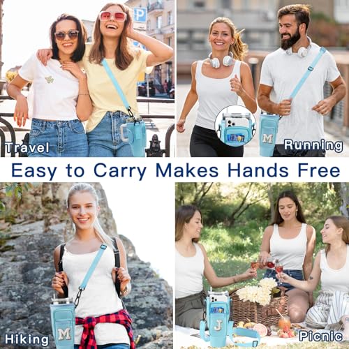 Aganmi Initial Water Bottle Carrier Bag with Phone Pocket for Stanley 40Oz Cup Accessories,Water Bottle Holder with Shoulder Strap Christmas Birthday Gifts for Family Friend Girlfriend (Cream T)
