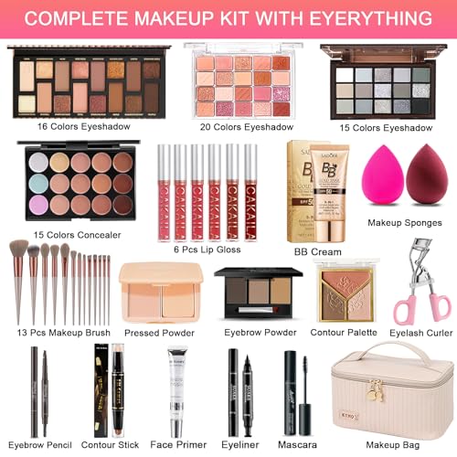 All in One Makeup Kit, Makeup Kit for Women Full Kit, Travel Make Up Gift Set for Women, Teens & Girls, Includes Eyeshadow Lipstick Eyeliner Eyebrow Pencil Brush Set, Beginners and Professionals Alike