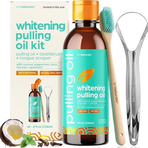 artnaturals Coconut Oil Pulling (8oz) Tongue Scraper & Toothbrush Set - Alcohol-Free Mouthwash - Infused with Magnesium & Peppermint for Teeth Whitening & Fresh, Healthy Breath and Gums