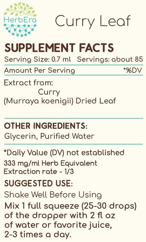 Curry Leaf B60 Alcohol-Free Herbal Extract Tincture, Concentrated Liquid Drops Natural Curry Leaf (Murraya koenigii) Dried Leaf (2 fl oz)