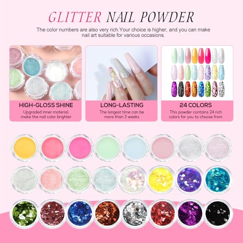 Acrylic Nail Kit for Beginners with Drill and U V Light 6 Colors Acrylic Powder Clear Nude Pink 4PC Gel Polish 24PC Glitter Powders Rhinstones Nails Kit Acrylic Set Gifts for Women