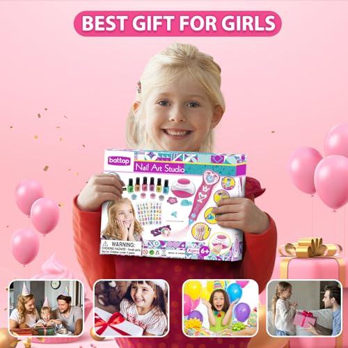 BATTOP Kids Nail Polish Set for Girls, Nail Art Kits with Nail Dryer & Glitter Pen, Quick Dry & Peel Off & Non-Toxic Nail Polish, Christmas Birthday Gifts for Girls Ages 6 7 8 9 10 11 12