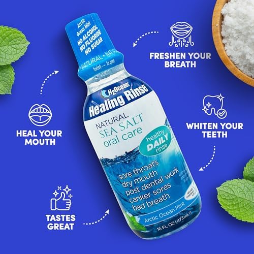 2 Pack H2Ocean Healing Rinse Mouthwash- Great Tasting Sea Salt & Xylitol Mouth Wash for Fresh Breath & Dry Mouth - Alcohol & Fluoride Free - Arctic Ocean Mint 16oz